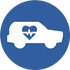 White on blue icon of a car with a heart outline and pulse in it