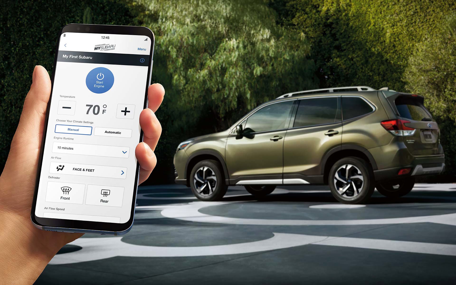 A close-up of a phone showing the Remote Engine Start with Climate Control feature of SUBARU STARLINK® Safety and Security available on the 2022 Forester. | Bergstrom Subaru Green Bay in Green Bay WI