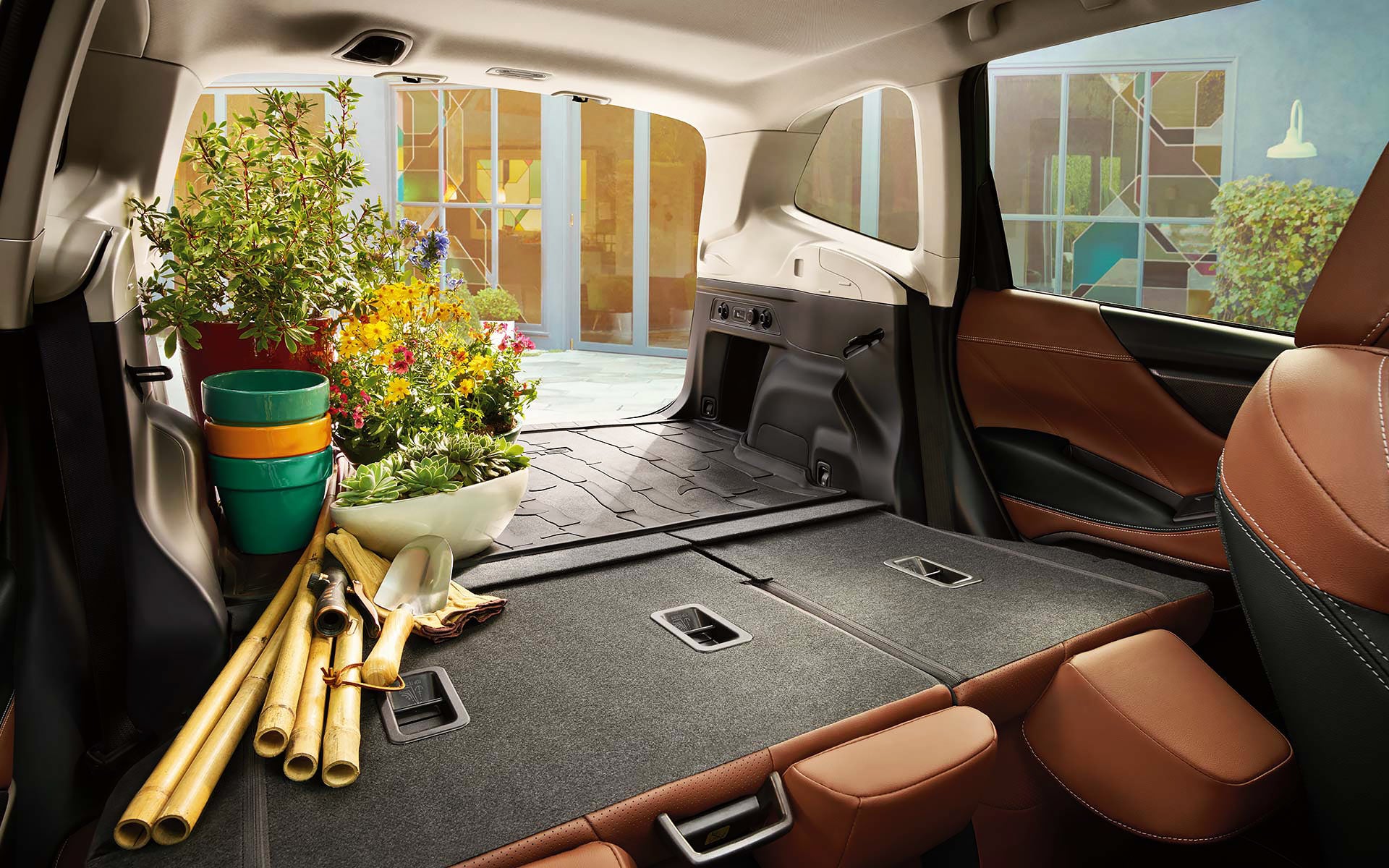 The rear cargo area of the 2022 Forester with the rear seats folded down. | Bergstrom Subaru Green Bay in Green Bay WI