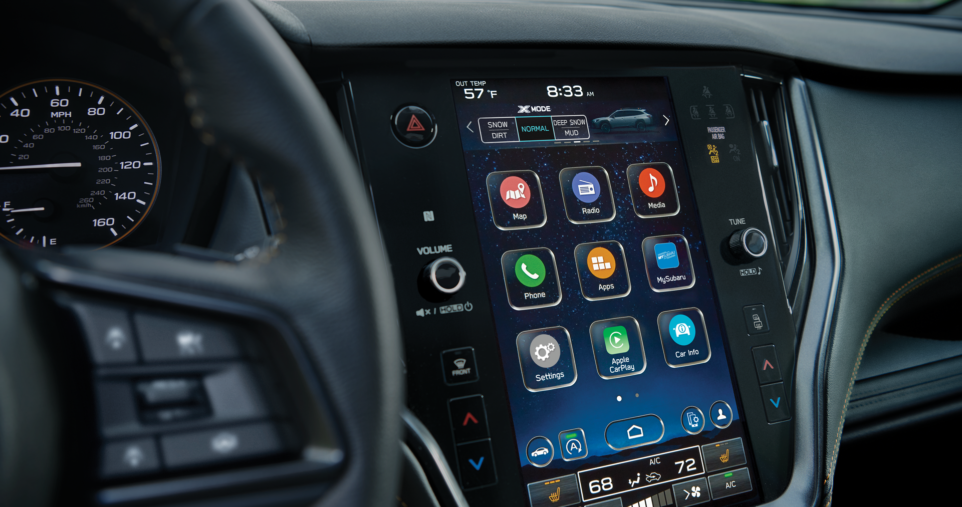 A close-up of the 11.6-inch touchscreen for the STARLINK Multimedia system on the 2023 Outback Wilderness. | Bergstrom Subaru Green Bay in Green Bay WI